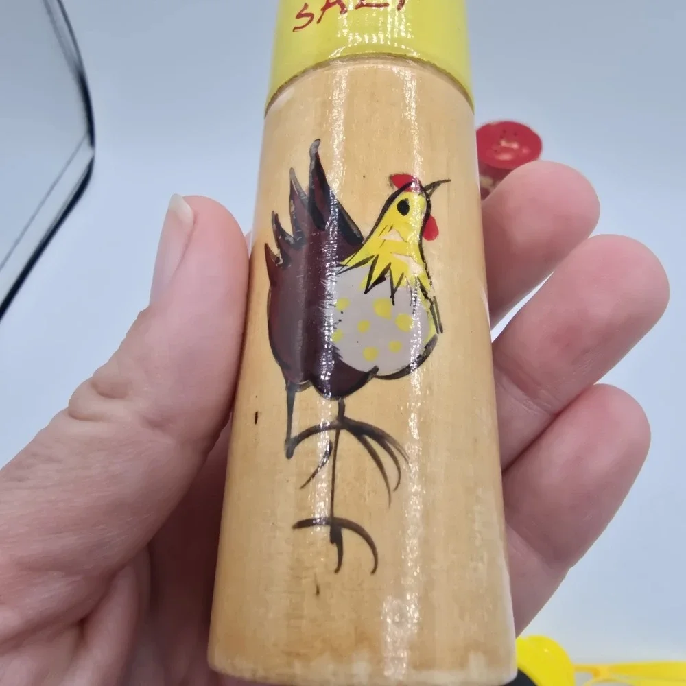 Vintage Salt & Pepper Shakers Red Yellow Wood Cylindrical with Chicken Design